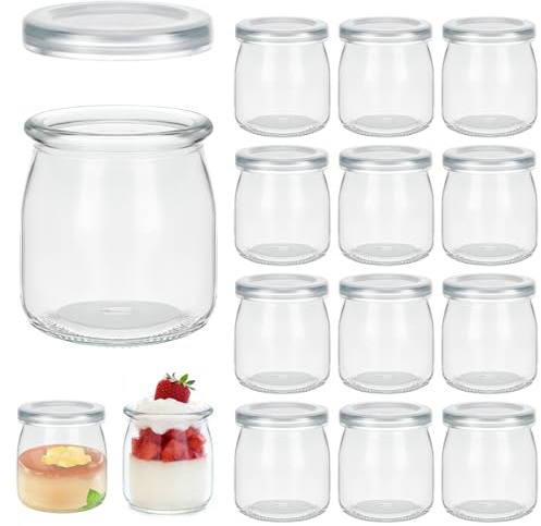 Pots Yaourt en Verre Avec Couvercle Petits Pots Transparents Pour Confiture | 12 Pièces 200 ML, Miel, Dessert, Réutilisables et Hermétiques, Lave-Vaisselle, Congélateur, Micro-Onde