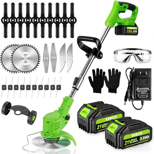 Débroussailleuses Electrique sans Fil, Coupe Bordures sans Fil a 2 21V 3.0Ah Batterie et Chargeur Rapide & 3 Types Lames, Debrouissalleuses a Batterie pour Tondre Les Pelouses du Jardin Pelouse Ferme
