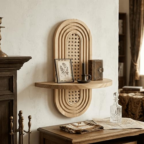 JORCEDI Boho Shelf Boho Wall Decor Brown Plant Wall Shelf Mid Century Modern Hanging Plant Shelf Wall Mounted Shelf for Living Room Bedroom Bathroom Office (Natual,Bamboo)