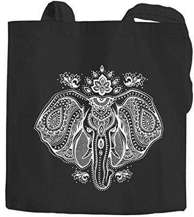 Baumwolltasche Elefant Zentangle Mandala Jutebeutel Tragetasche Einkaufstasche Autiga® schwarz 2 lange Henkel