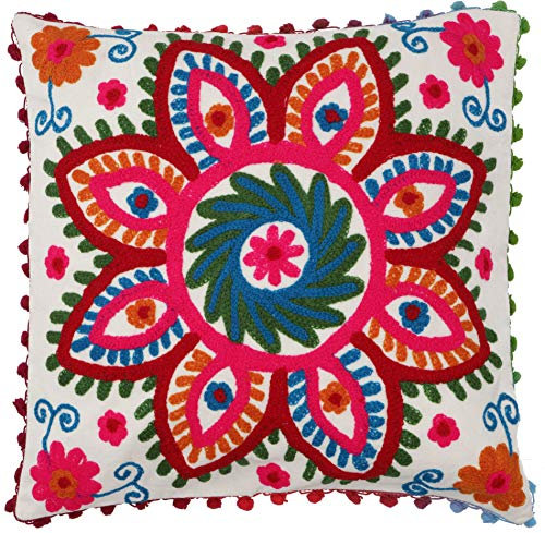 GURU SHOP Boho Kissenhülle, Farbenfrohes Besticktes Folklore Kissen im Mexikanischem Style - Weiß/pink, Baumwolle, 40x40x0,5 cm, Zierkissen, Dekokissen, Sofakissen