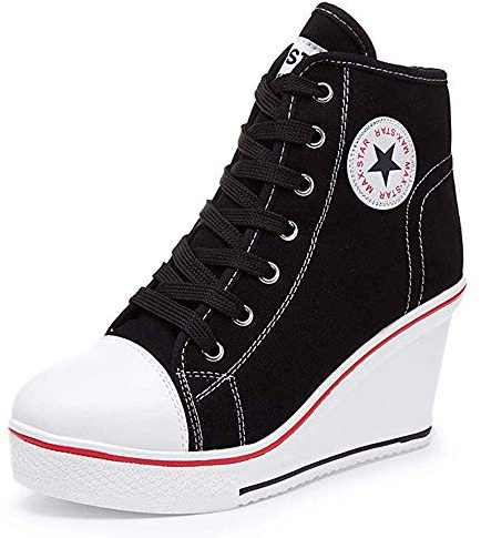 Zomiee Damen-Sneaker mit Absatz Leinenschuhe High-Top Keilabsatz Turnschuhe Plateau zum Schnüren Reißverschluss an der Seite Pumps modisch - - Größe: EU