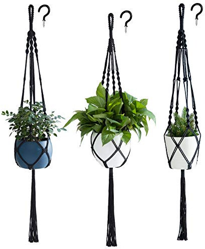 PROTITOUS Colgador de Plantas, 4 Unidades, Color Negro, para Colgar en Interiores, Maceta, Maceta, Soporte de Maceta, Cuerda de algodón con Gancho de Techo