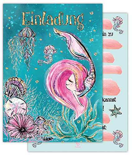 Pandawal 12x Einladungskarten Kindergeburtstag Mädchen Kinder Geburtstag Meerjungfrau Einladung Rosa/Pink Einhorn Party Ausflug Feier Motto-Party