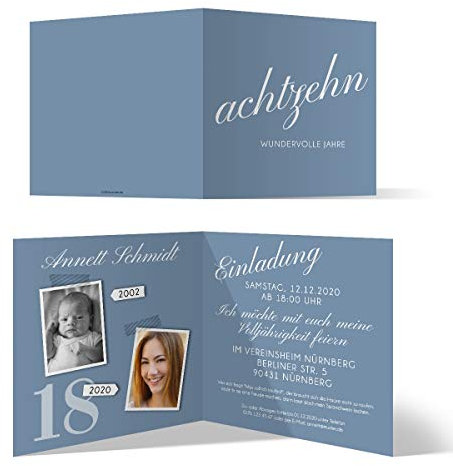 18. Geburtstag personalisierte Einladungskarten - achtzehn wundervolle Jahre - Klappkarte, zwei Fotos, ab 10 Stück, dickes Papier