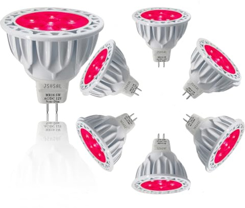 JSVSAL (6-Pack Not Dimmable Red MR16 GU5.3 Bi-Pin Base LED Bulbs,5W,20W 35W 50W Halogen Equivalent,AC/DC 12V Low Voltage,40 Degree Spotlights for Landscape Yard Garden Tree Pool Holiday Lighting