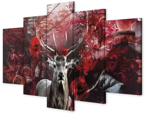 murando - Wandbilder XXL Hirsch 100x50cm 5 tlg - Wand Deko Leinwand Bilder Groß Wanddeko Wohnzimmer Schlafzimmer Kunstdrucke - Tier Blumen Abstrakt g-C-0334-b-m