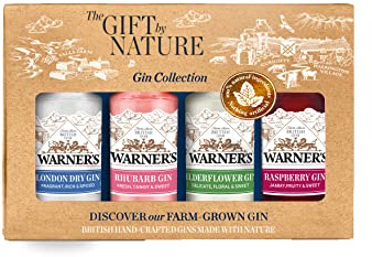 Warner's Gift by Nature Gin Gift Set - 4x 5cl Bottles of Natural Fruit Flavoured Alcohol Drinks: London Dry, Raspberry, Elderflower, Rhubarb - Pink Gin Alcohol Miniatures Gifts for Women/Gifts for Men