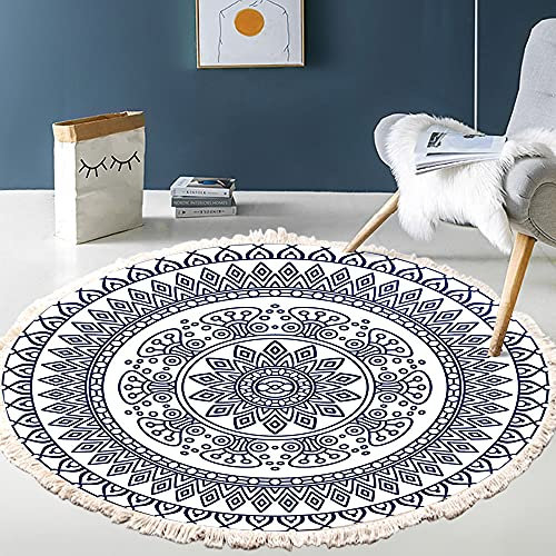Vintage Boho Baumwolle Teppiche Mandala Muster Waschbar Handgewebte Böhmische Runder Teppich mit Quasten für Schlafzimmer Flur Wohnzimmer Couchtisch Fußmatten,Waschmaschinenfest,60CM Blumen #6