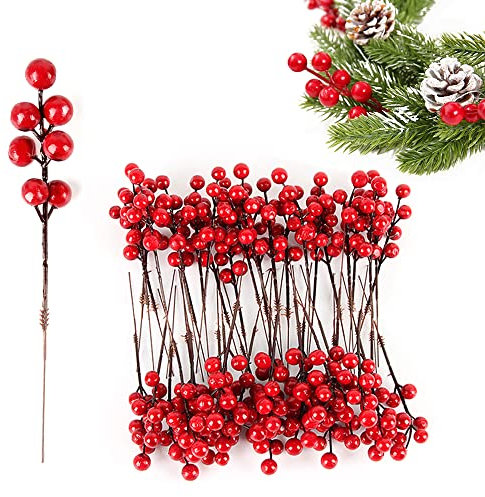 ZoneYan Bacche di Agrifoglio Rosse Finte, Natale Decorazioni Artificiale, Holly Berry Red Natalizie (50 Pezzi)