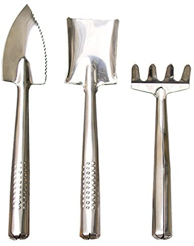 Angoily 3pcs Mini Garden Hand Tools Set Stainless Steel Shovel Trowel Rake Plant Potted Flower Gadget Gardening Tool Kit for Succulents Fairy Garden Bonsai Planter