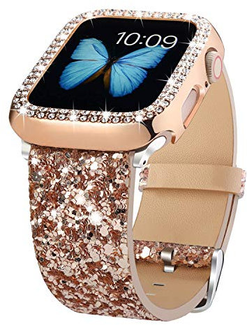 Bling Bands Compatible with Apple Watch Band 38mm 40mm 41mm 42mm 44mm 45mm + Case, Women Glitter Leather Strap with Bling Diamond Protector Cover For iWatch Series 7 6 5 4 3 2 1 SE (Rose Gold, 45mm)