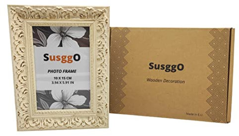 SusggO Marco Fotos Madera – Tamaño foto 10x15 cm – fabricado en UE (EU) – con soporte y cristal – Para Mesa y Colgar en Pared - Decoracion mesa estanteria mueble decoracion hogar (BLANCO VINTAGE)