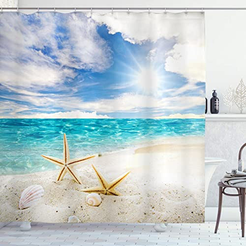 OCEUMACO 3D Mare Spiaggia Tenda Doccia Antimuffa Stampata Oceano Stelle Marine Tende Doccia Vasca Bagno Grande Tessuto Impermeabile 240x200 cm Stoffa Lavabile Lavatrice con Anelli - Beige Blu