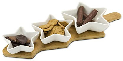 ROMINOX Geschenkartikel Servierschalen // Tre Stella, 4-teiliges Set aus 3 Keramikschälchen auf Bambusbrett mit Griff, zur Präsentation von Snacks, Plätzchen oder Dips; ca. 42 x 15.5 x 5.3 cm