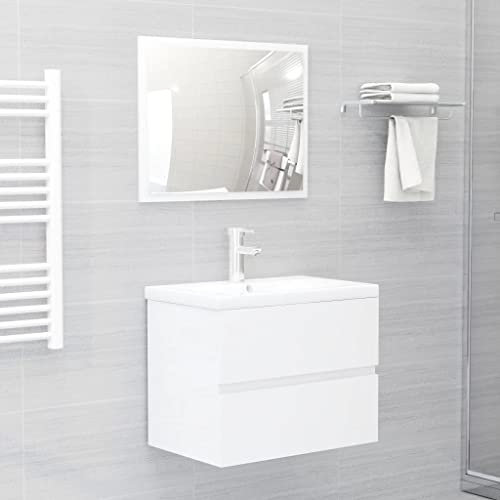 WIFESE Ensemble de 2 meubles de salle de bain en bois blanc brillant 60 x 38,5 x 45 cm Meuble sous-vasque avec 1 tiroir, 1 miroir, lignes épurées et design fin