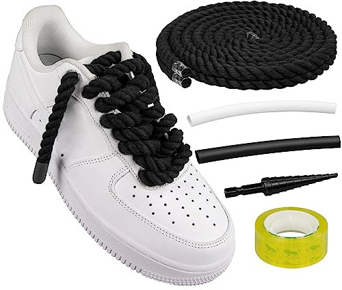 Endoto dicke Schnürsenkel für Air Force 1, klobige gedrehte runde Baumwoll-schuhbänder mit DIY-Anpassungszubehör für AF1 Sneaker-Schuhe, Big seil Rope Laces (Schwarz, Größe: 12,7 mm)
