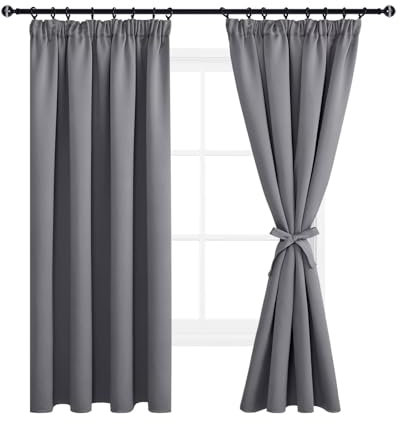 DWCN Vorhänge Wohnzimmer Blickdicht Kräuselband mit Vorhang-Krawatten, 2er Set H 183 x B 167 cm Verdunkelungsgardinen Wärmeisolierend Thermovorhang für Schlafzimmer, Grau