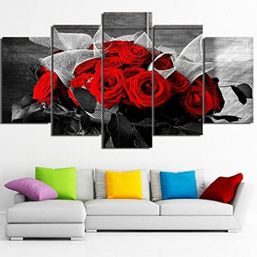 5 Pezzi Stampa Su Tela In Moderni Quadri Bellissime Rose Rosse Con Cornice 100 X 50 Cm Camera Da Letto Decorativa Soggiorno Parete Casa Decor Arte