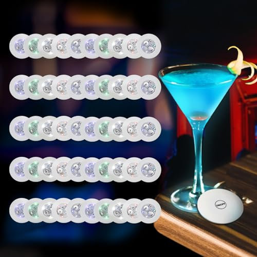 Shalwinn LED Coaster, 50PCs Coasters Cup Mat Light Up Coasters for Drinks, Liquor Bottle Light Stickers Coasters, Led Bar Coaster Drinks Coasters for Coffee Tea Beer Mug Wine Glass Bottle