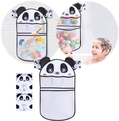 XoeLLe Rangement Jouet Bain, Panda Filets de Rangement Jouets pour Bain, Filet de Bain Douche Jouet, Organiseur de Jeux de Bain pour Bebe, Pratique Rangement Jouet de Bain avec 2 Crochets Adhésifs