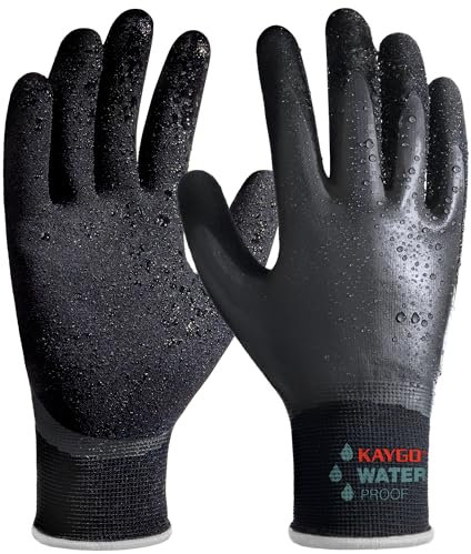 KAYGO guantes de trabajo impermeables para hombres y mujeres, recubrimiento de látex doble, súper agarre antideslizante, para jardinería, lavado de coches, pesca (Negro, XL, talla 10, 1 par)