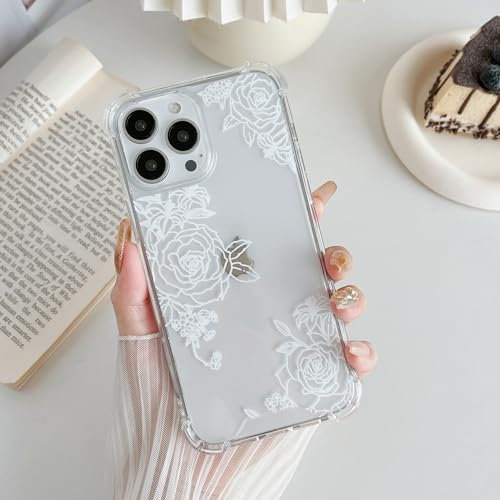 ZTOFERA Case for iPhone 15 Pro Max, Transparent Clear Case with Rose Flower Pattern, Ultra Slim Anti-scratch Shockproof Protective Bumper Cover for iPhone 15 Pro Max (6.7) - White