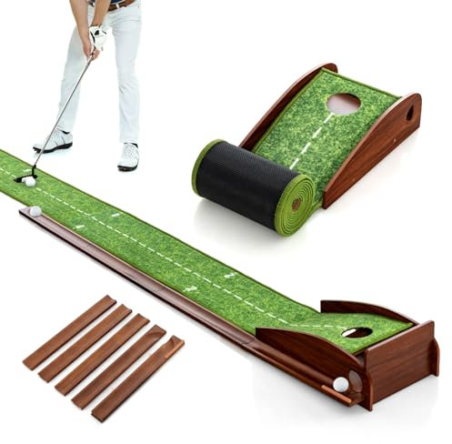 COSTWAY Golf Puttingmatte, Golfmatte mit 1/2/3 Löchern, Auto Rückkehr Übungsmatte mit 3 Golfbällen & Kunstrasen, Putting Trainer Indoor Outdoor für Anfänger, Profis (1 Loch)