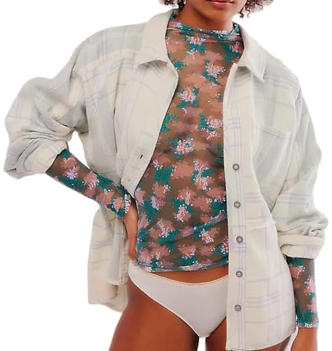 Caziffer Women's Lace Layering Top Long Sleeve Sheer Mesh Mock Neck Undershirt Y2K Lace Floral Tops See Through Shirt Blouse (Colorful Lake Blue, L)
