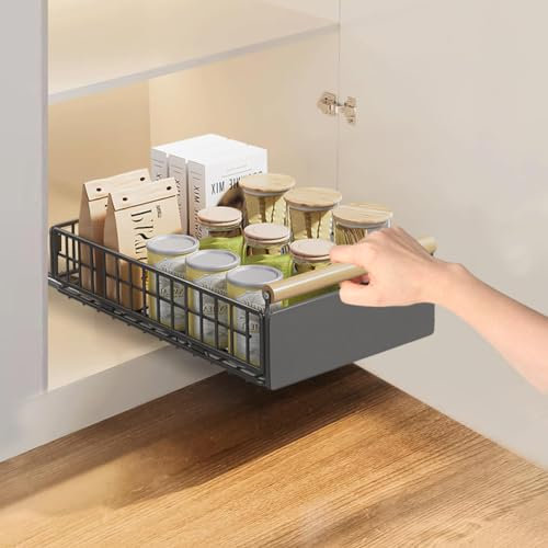 FDOUIGE Teleskopschublade, Korbauszug Küchenschrank Organizer mit Griff, Slide out Cabinet Organizer Küche,23.5cm B x 39.5cm T x 9cm H, Braun