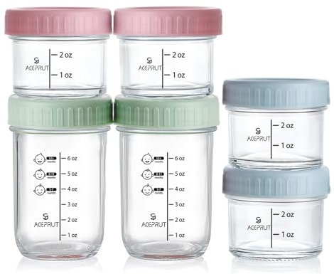 ACEPRUT 6 Stück Glas Babybrei Einfrieren Behälter, Beikost Baby Zubehör, Babynahrung Aufbewahrung, Auslaufsicher, BPA-frei, Mikrowelle, Geschirrspüler & Gefrierschrank sicher