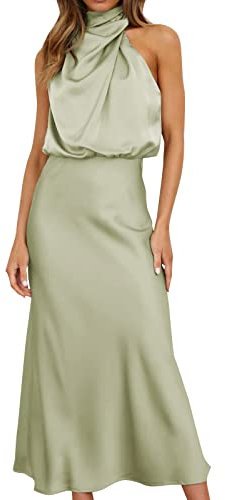 LLECDASEUI Mujeres Sin Mangas Cuello Burlón Vestidos De Cóctel Fiesta Cintura Elástica Invitada De Boda Vestido De Raso De Alta Split Maxi Vestido De Noche (SG,Verde claro)