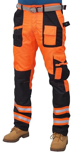 HASHOOB TRADING FZE Men’s Hi Vis Trousers High Visibility Mens Work Trousers Multi Pocket Workwear Pants (T2HV-OR1, 34W X 30L) Orange