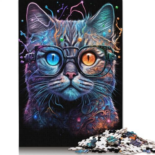 Puzzle für Erwachsene, kosmische Katze mit Brille, 1000-teiliges Puzzle aus Pappe, Lernspiel für Jugendliche und Kinder (Größe 38 x 26 cm)