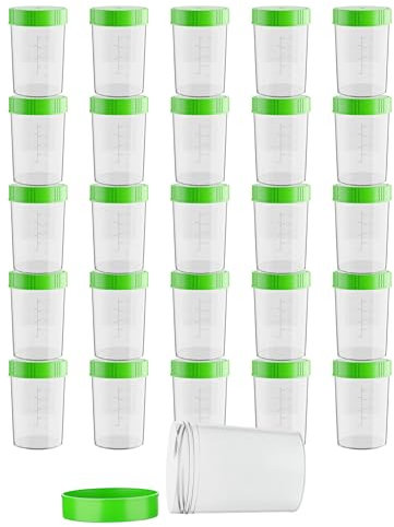 Theracaso Probenbecher Set – à 125 ml – Auslaufsichere Urinbecher mit Schraubdeckel, graduiert bis 100ml, inkl. 40 Etiketten – Für Küche, Basteln, Medizin, Urinproben - beschriftbar (25)