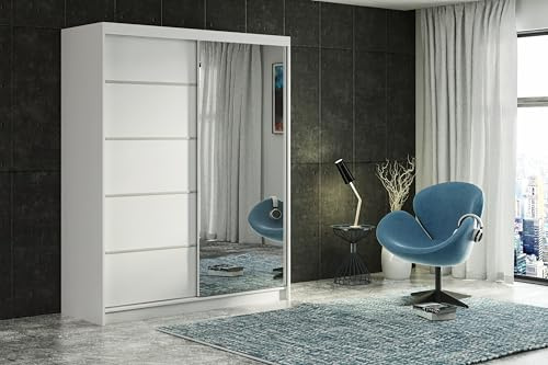 ELUKS CARLI Modern Sliding Door Wardrobe with Mirror, 2 or 3 Doors, 4 colours: WHITE/BLACK/OAK/GREY 5 sizes: 100cm/120cm/150cm/180cm/200cm (White, 120cm 4 Drawers)