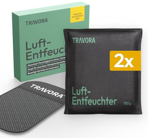 TRAVORA Luftentfeuchter Kissen Auto 2x 500g mit Anti-Rutsch Pad - wiederverwendbarer Luftentfeuchter Auto - Entfeuchter Kissen gegen beschlagene Autoscheiben - 2x platzsparende Auto Entfeuchter