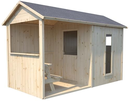 SOULET - Casita de Madera Infantil con Mesa Jazz 180x180x145 cm - Casita de Jardín para Niños con Mesa Integrada - Madera Natural Personalizable - Fácil Montaje