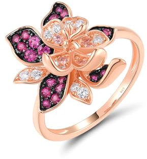 Santuzza 925 Sterling Silver Rose Ring Pink Sapphire Created Ruby Cubic Zirconia Blossom Hibiscus Flower Rings