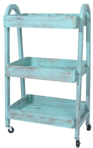 Kersiki 3-Tier Wooden Rolling Cart- Wooden Utility Cart wit Wheels- Utility Rolling Cart-Storage Trolley Organizer- Rolling Kitchen Serving Cart for Office,Kitchen, Kids' Room (Retro Blue)