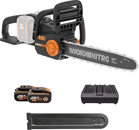 Worx WG385E 40V PowerShare Cordless 40cm Brushless Chainsaw, 45cc Equivalent Power with x2 4.0Ah Batteries and Charger