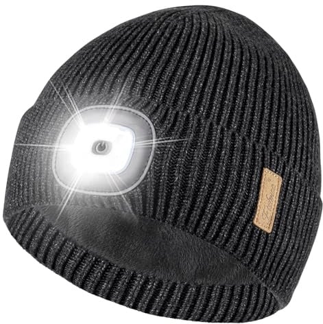 Etsfmoa Mütze mit LED Licht,Hut mit warmem Futter,Wiederaufladbare USB Strickmütze mit Licht,Geschenke für Männer und Frauen (DE/NL/SE/PL, Alphanumerisch, Einheitsgröße, Dunkel Grau)