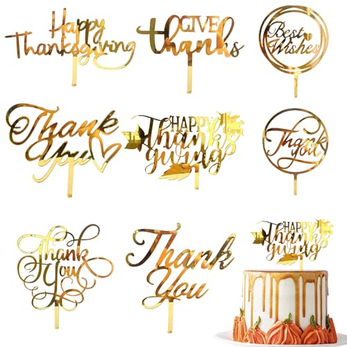 Happy Thanksgiving Cake Toppers Thank You Cupcake decoration 8 Pcs Acrylic Gold Letter Best Wishes Fall Themed Harvest Party Supplies