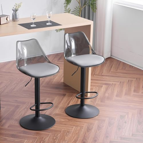 Fiximaster Barhocker Transparent 2er Set, Höhenverstellbare Tresenhocker mit Rückenlehne & Fußstütze, Drehbare Barstühle 360° gepolstert, Moderne Küchenhocker für Esszimmer, Theke & Bar (Grau)