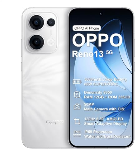 OPPO Reno13 5G 12+256GB, AI Smartphone Android Ohne Vertrag, Handy, Dimensity 8350 5G, 120Hz 6,59 AMOLED Schirm, 50MP AI Hauptkamera, SUPERVOOC 80W, 5600mAh Akku, IP69, 4K-Video, NFC, Dual SIM, Weiß