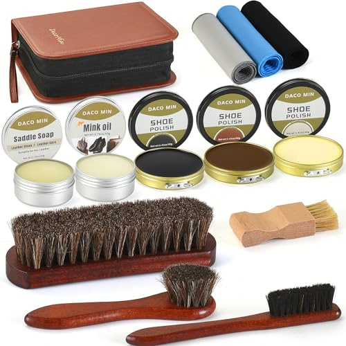 DACO MIN 13-Piece Shoe Polish Kit,Cleaning & Conditioning Kit with Saddle Soap, Mink Oil, Horsehair Brushes and Travel Case,Leather Shoe Care Set as gift for Men Women