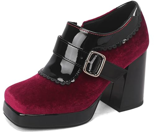 Eestfy Women's Colorblock Platform Mary Jane Pumps, Velvet Upper with Patent Leather Straps, Square Toe Chunky Block Heel High Heels