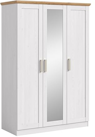 xonox.home – Kleiderschrank Florenz 124x185x54 cm in Sibiu Lärche Nachbildung – 3-türiger Schlafzimmerschrank mit Spiegel, Kleiderstange und 6 Einlegeböden