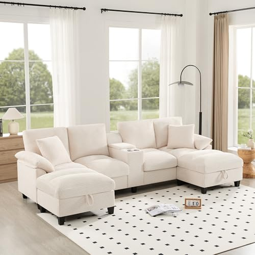 Geräumiges 4-Sitzer-Sofa in U-Form mit Stauraum, übergroßem Cordstoff und Kissen, Getränkehaltern aus Edelstahl und zwei USB-Anschlüssen, geeignet für Wohnzimmer, Schlafzimmer und Wohnungen (Beige)