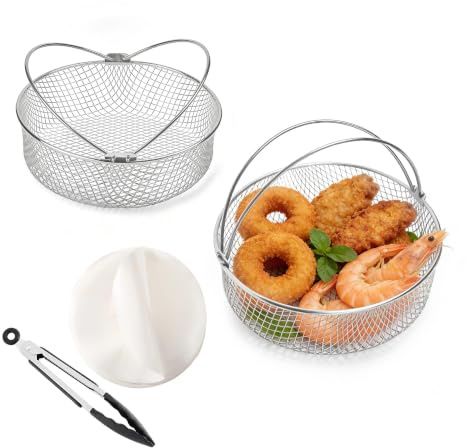 8Qt Air Fryer Basket 304 Stainless Steel Mesh with Handles 2 Pack, Round | Replacement Round Steamer Basket Compatible with 6-8QT Air Fryer Oven Pressure Cooker Dishwasher Safe